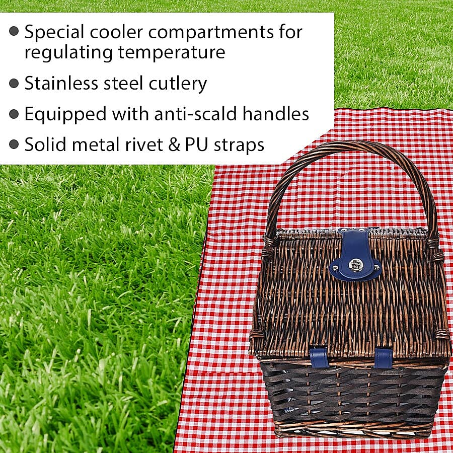 Blue & White Striped Inside Picnic Basket for 2 People (Includes 2 x Ceramic plates, 2 x Goblets, 2 x Knife, 2 x Fork, 2 x Spoon, 1 handle Opener, 1 Salt Shaker  and 1 Pepper Shaker) (Size 32x32x20Cm)