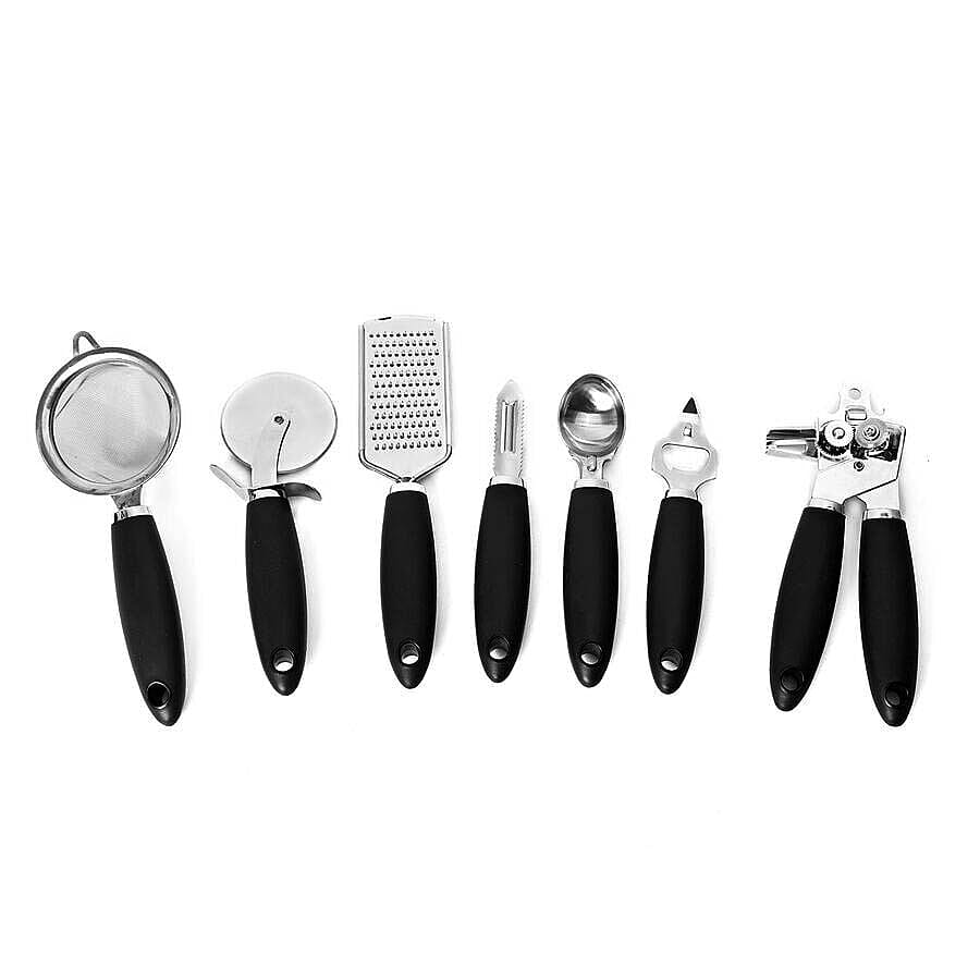 Set of 8 - Kitchen Ware (Includes Can Opener, Peeler, Ice Cream Spoon, Pizza Cutter, Bottle Opener, Strainer, Grater and 360 Degree Rotating Stand) - Black