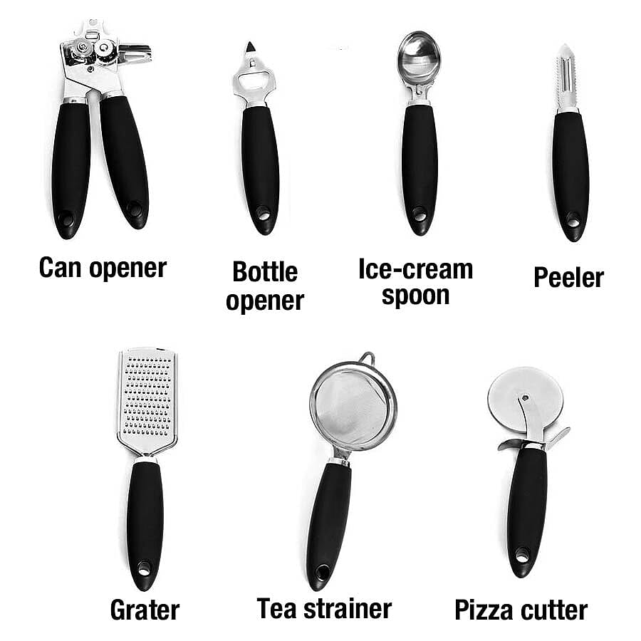 Set of 8 - Kitchen Ware (Includes Can Opener, Peeler, Ice Cream Spoon, Pizza Cutter, Bottle Opener, Strainer, Grater and 360 Degree Rotating Stand) - Black