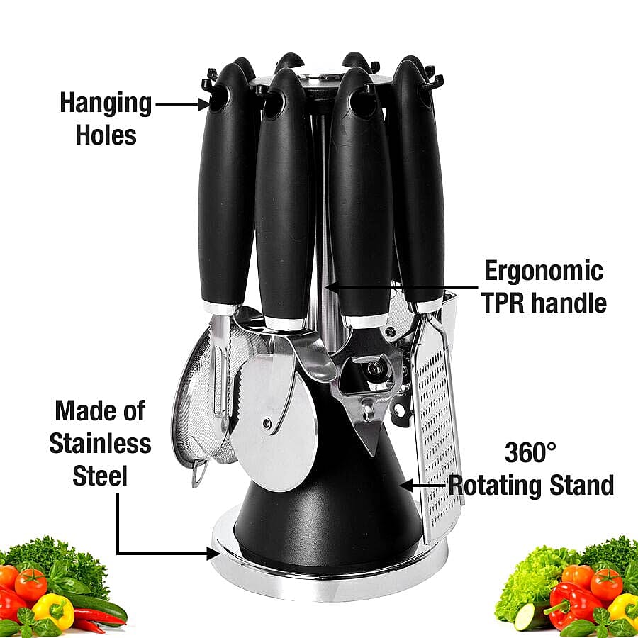Set of 8 - Kitchen Ware (Includes Can Opener, Peeler, Ice Cream Spoon, Pizza Cutter, Bottle Opener, Strainer, Grater and 360 Degree Rotating Stand) - Black