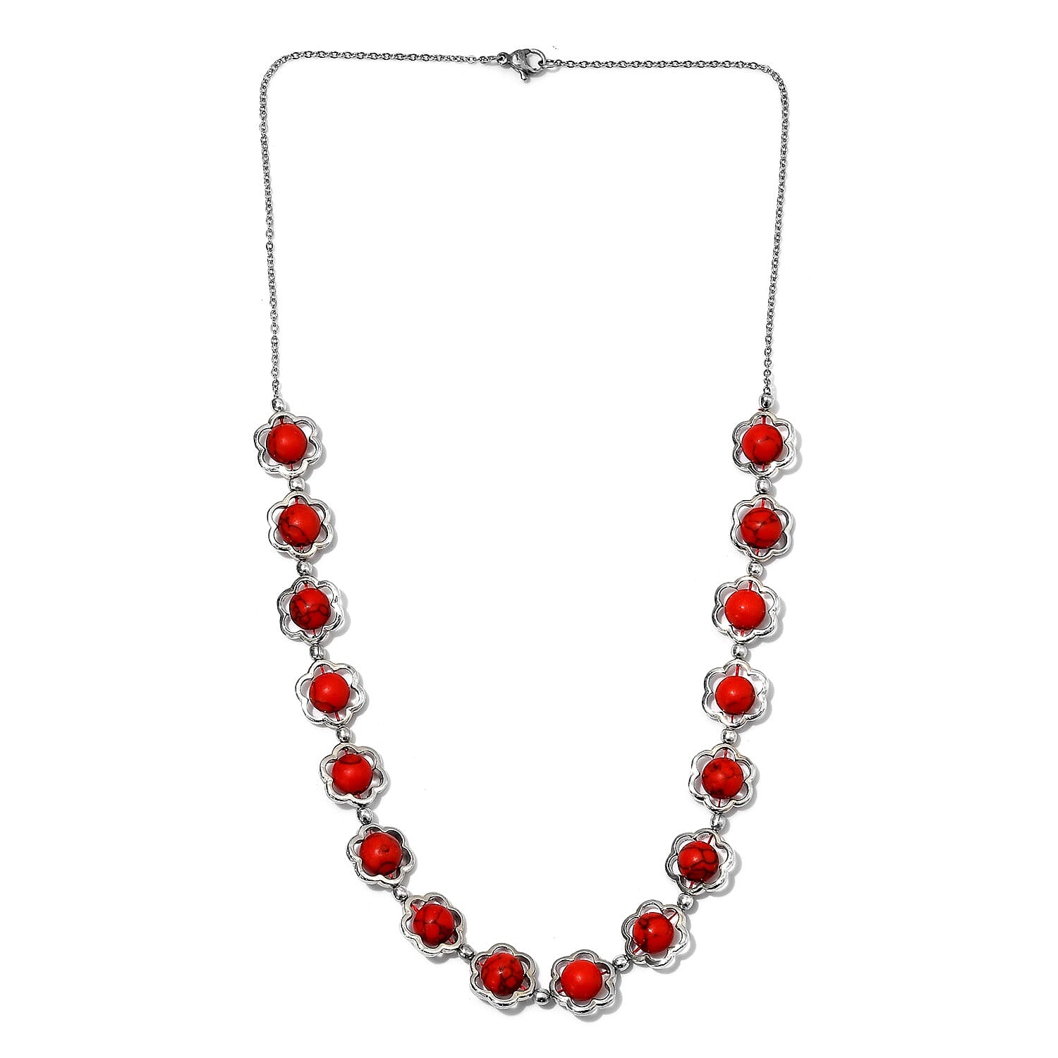 Red Howlite (Rnd) Floral Necklace (Size 20) in Platinum Plated 55.25 Ct.