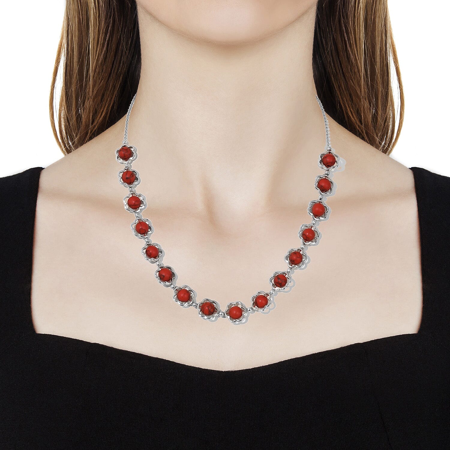 Red Howlite (Rnd) Floral Necklace (Size 20) in Platinum Plated 55.25 Ct.