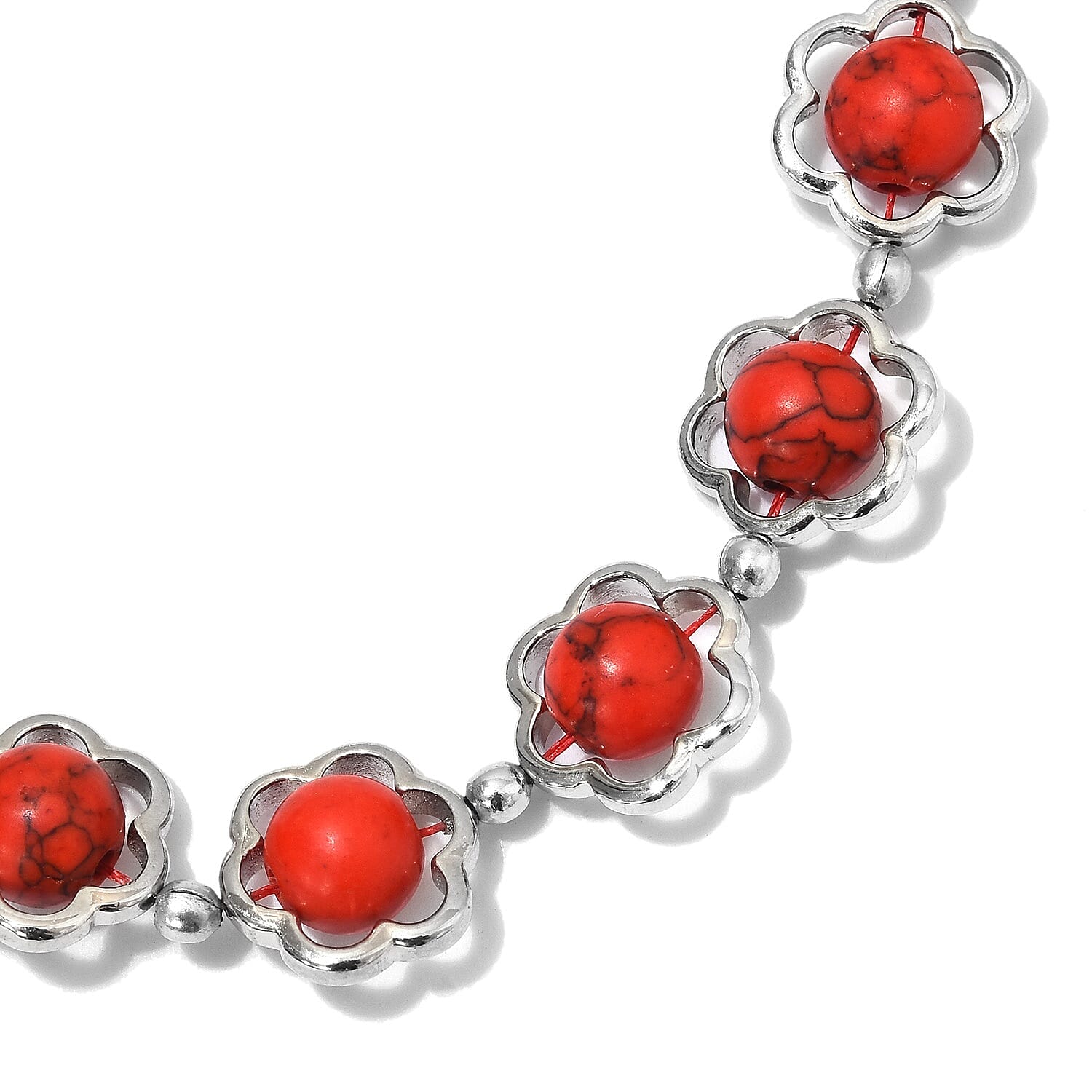 Red Howlite (Rnd) Floral Necklace (Size 20) in Platinum Plated 55.25 Ct.