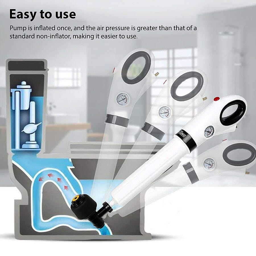 Multi-Purpose Drain Cleaner with Pressure Gauge (Includes Four Different Plunger Head and a Pump)