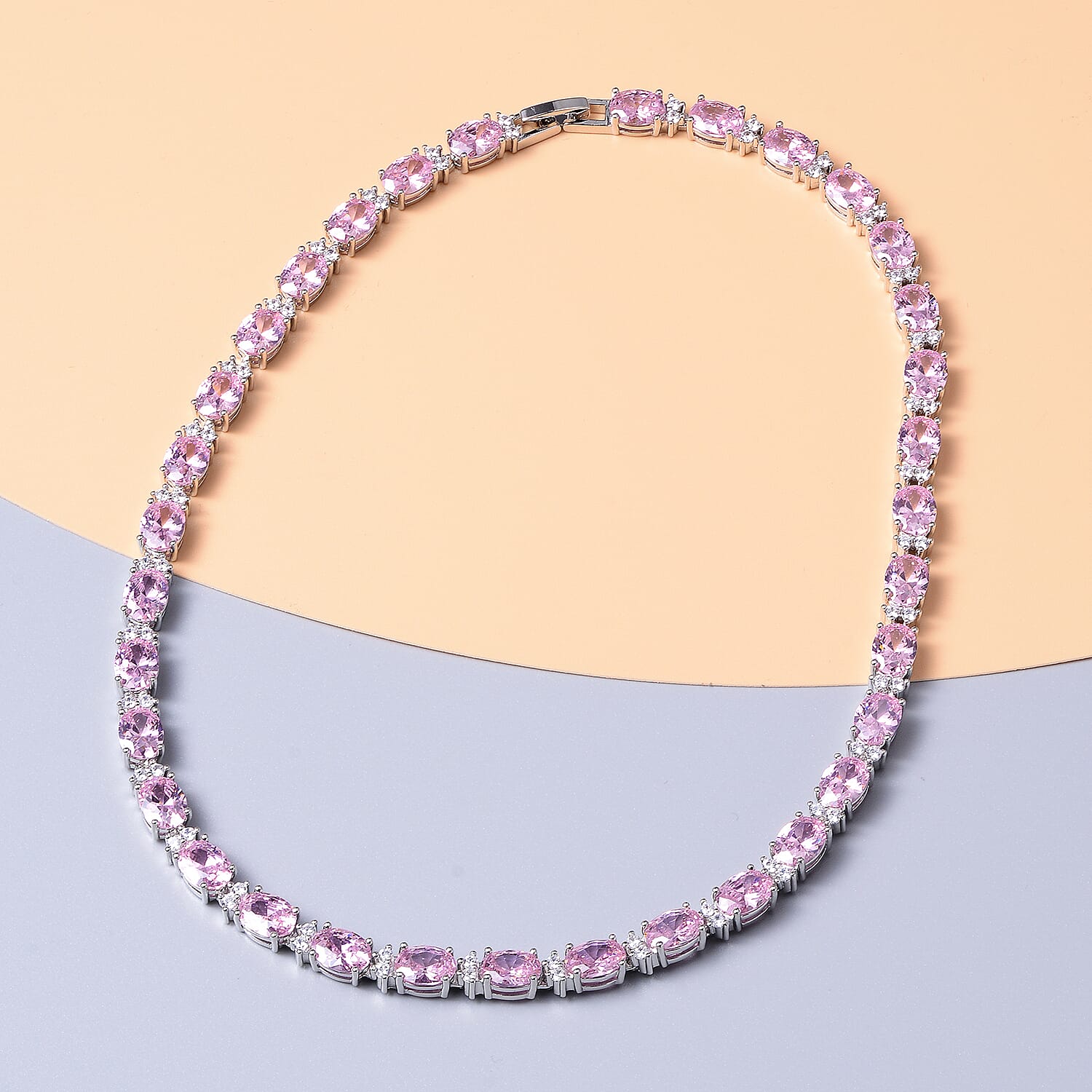 Simulated Pink Sapphire (Ovl) and Simulated Diamond Necklace (Size 16) in Silver Tone