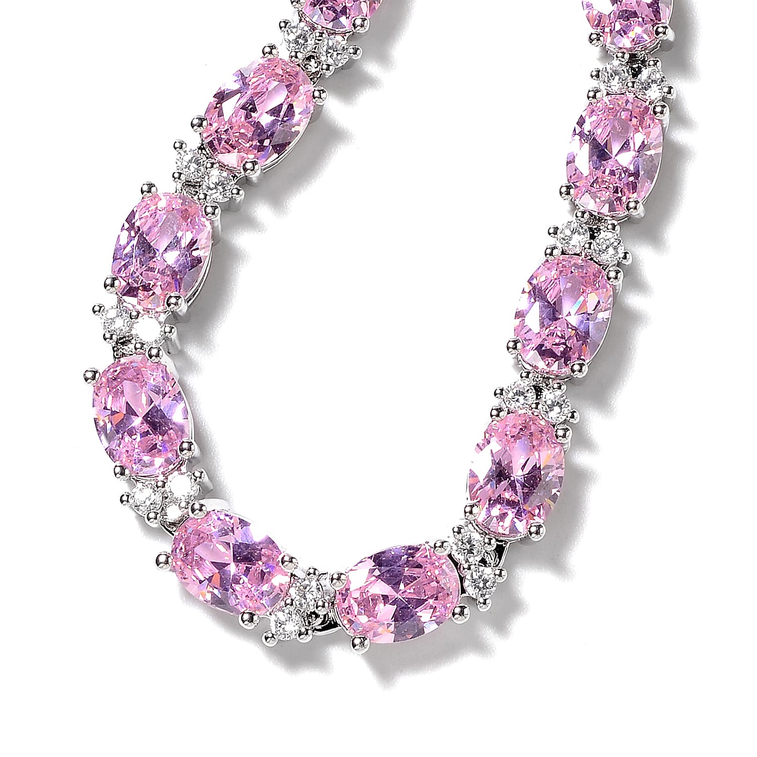 Simulated Pink Sapphire (Ovl) and Simulated Diamond Necklace (Size 16) in Silver Tone