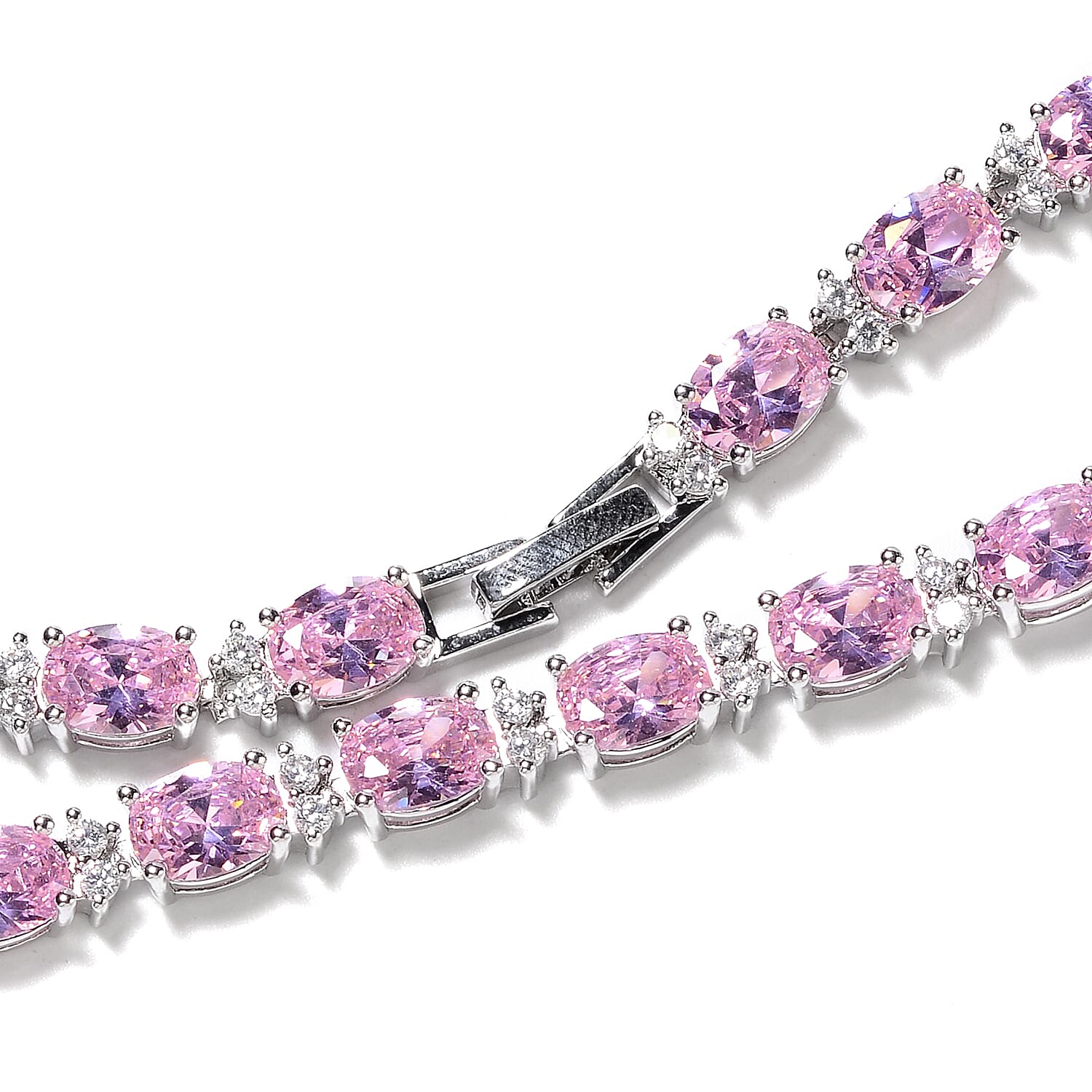 Simulated Pink Sapphire (Ovl) and Simulated Diamond Necklace (Size 16) in Silver Tone