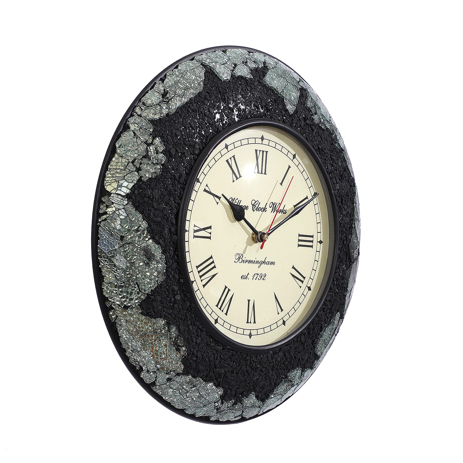 Round Wall Clock Made with White Crackle Mosaic Glass and Shungite (Height - 30Cm, Dia - 20Cm)