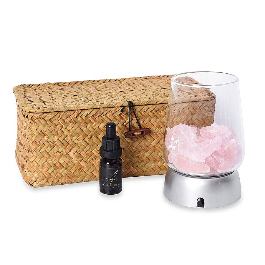 The 5th Season- Scented Rose Quartz Sunshine Rose Gems with Colour Changing LED Base Glass and Basket Box Included Fluorite and Essential Oil (3xAAA Battery not Included)