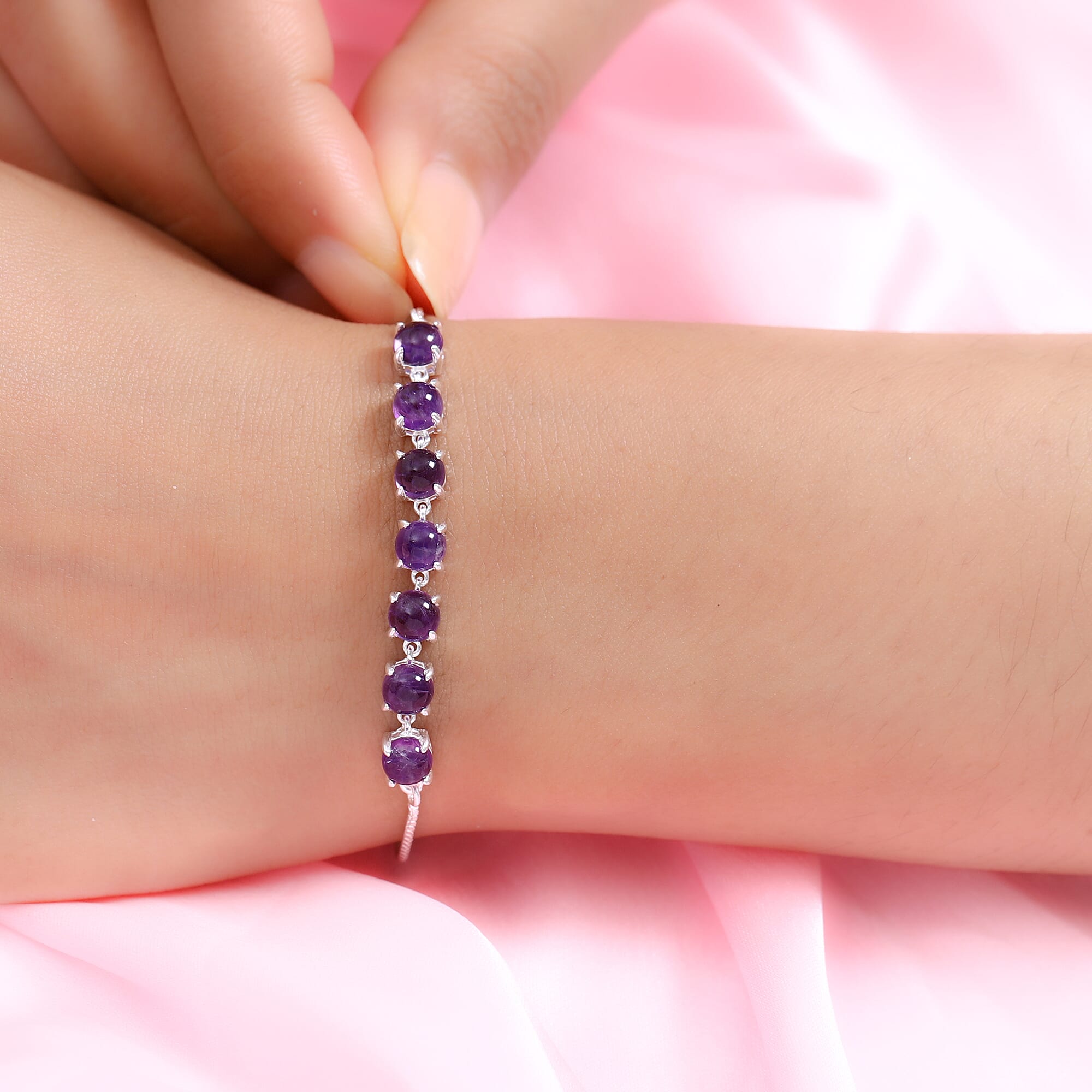 Amethyst (Rnd) Bracelet (Size 6.5-9.0 Adjustable) in Sterling Silver 4.06 Ct.