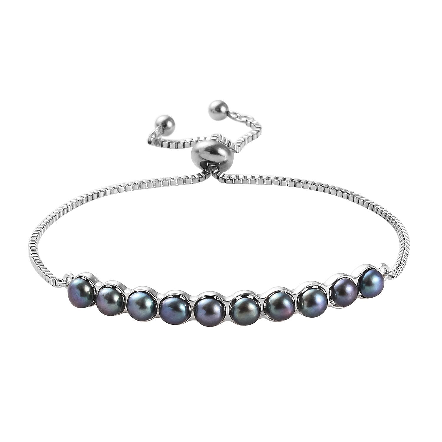 Freshwater Peacock Pearl (Rnd) Adjustable Bolo Bracelet (Size 6.5-9) in Silver Tone
