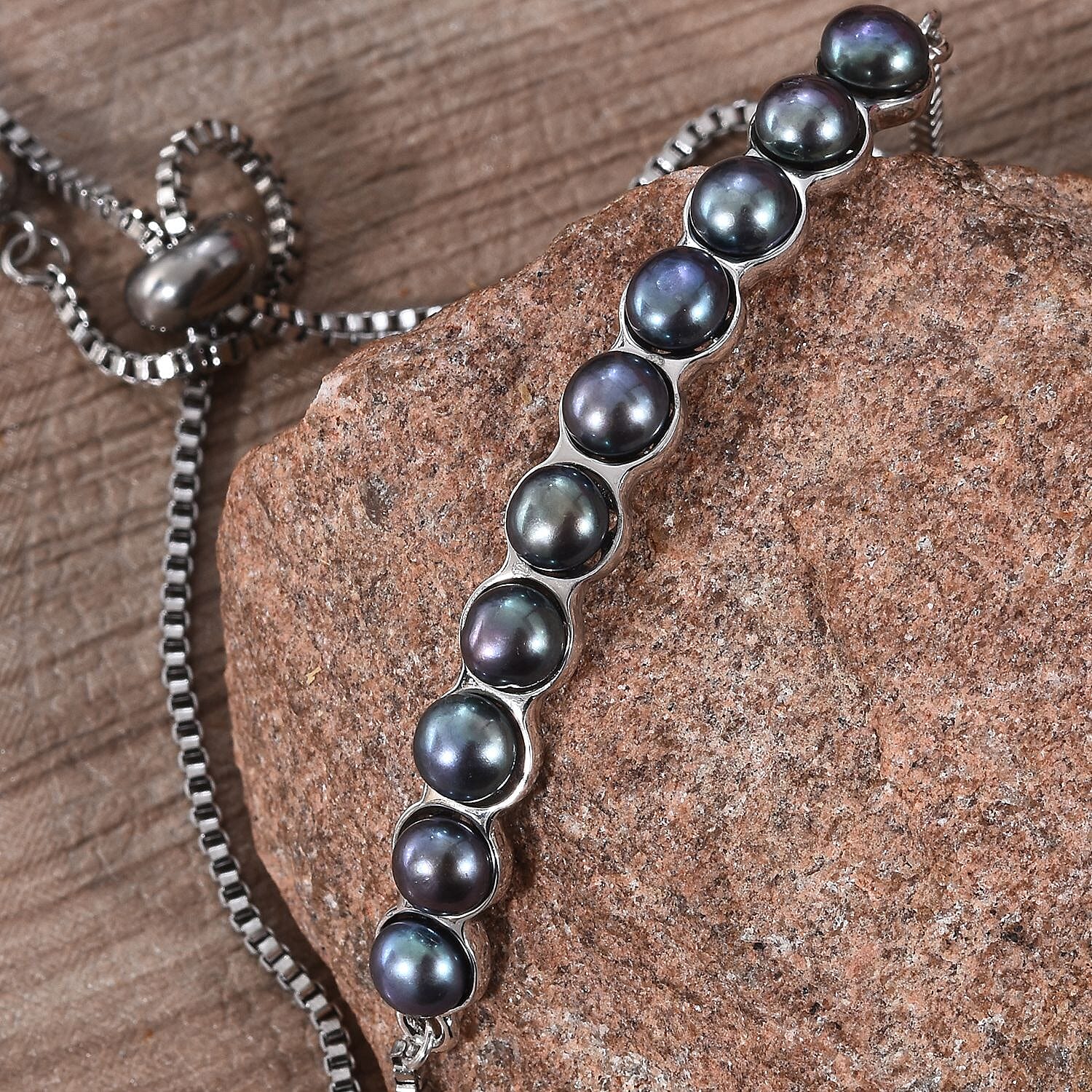 Freshwater Peacock Pearl (Rnd) Adjustable Bolo Bracelet (Size 6.5-9) in Silver Tone