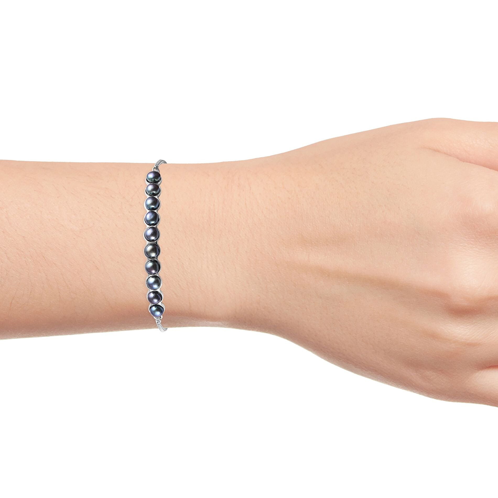 Freshwater Peacock Pearl (Rnd) Adjustable Bolo Bracelet (Size 6.5-9) in Silver Tone