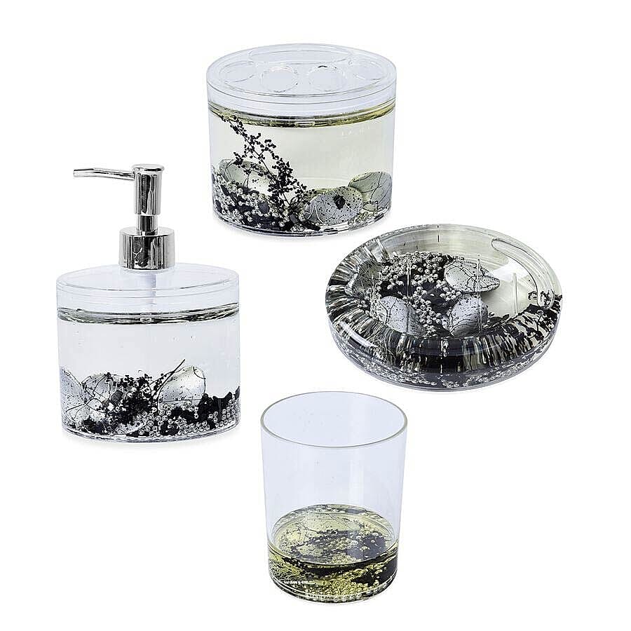 Set of 4 - Bathroom Set with Shungite (Includes Shampoo Dispenser, Toothbrush Holder, Tumbler and Soap Dish) - Black