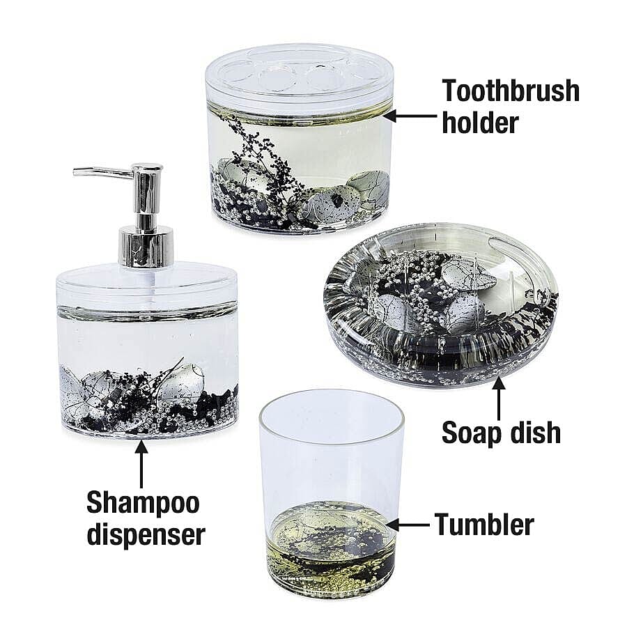 Set of 4 - Bathroom Set with Shungite (Includes Shampoo Dispenser, Toothbrush Holder, Tumbler and Soap Dish) - Black