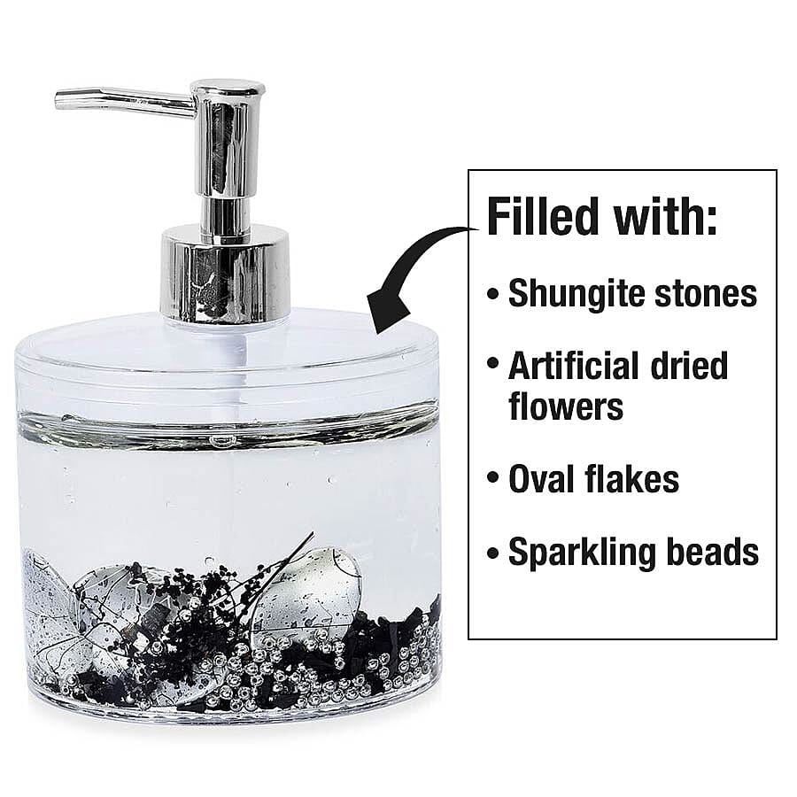 Set of 4 - Bathroom Set with Shungite (Includes Shampoo Dispenser, Toothbrush Holder, Tumbler and Soap Dish) - Black