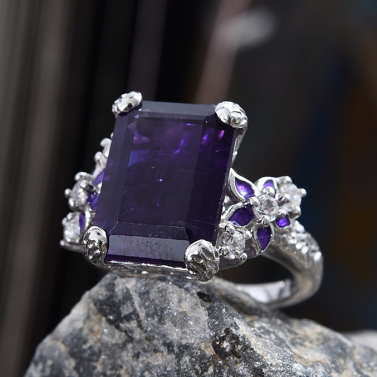 GP - Amethyst (Oct 14x10 mm), Natural White Cambodian Zircon and Blue Sapphire Enamelled Ring in Platinum Overlay Sterling Silver 7.75 Ct.