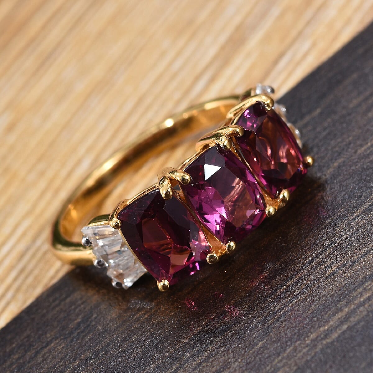 Rhodolite Garnet (Cush), Natural Cambodian Zircon Ring in 14K Gold Overlay Sterling Silver 3.75 Ct.