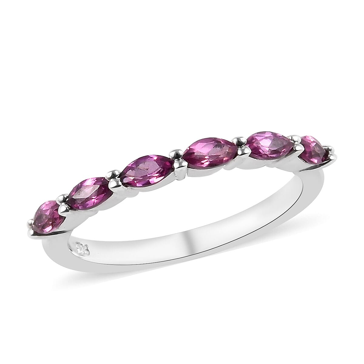 Rhodolite Garnet (Mrq) Six Stone Ring in Platinum Overlay Sterling Silver 0.60 Ct.