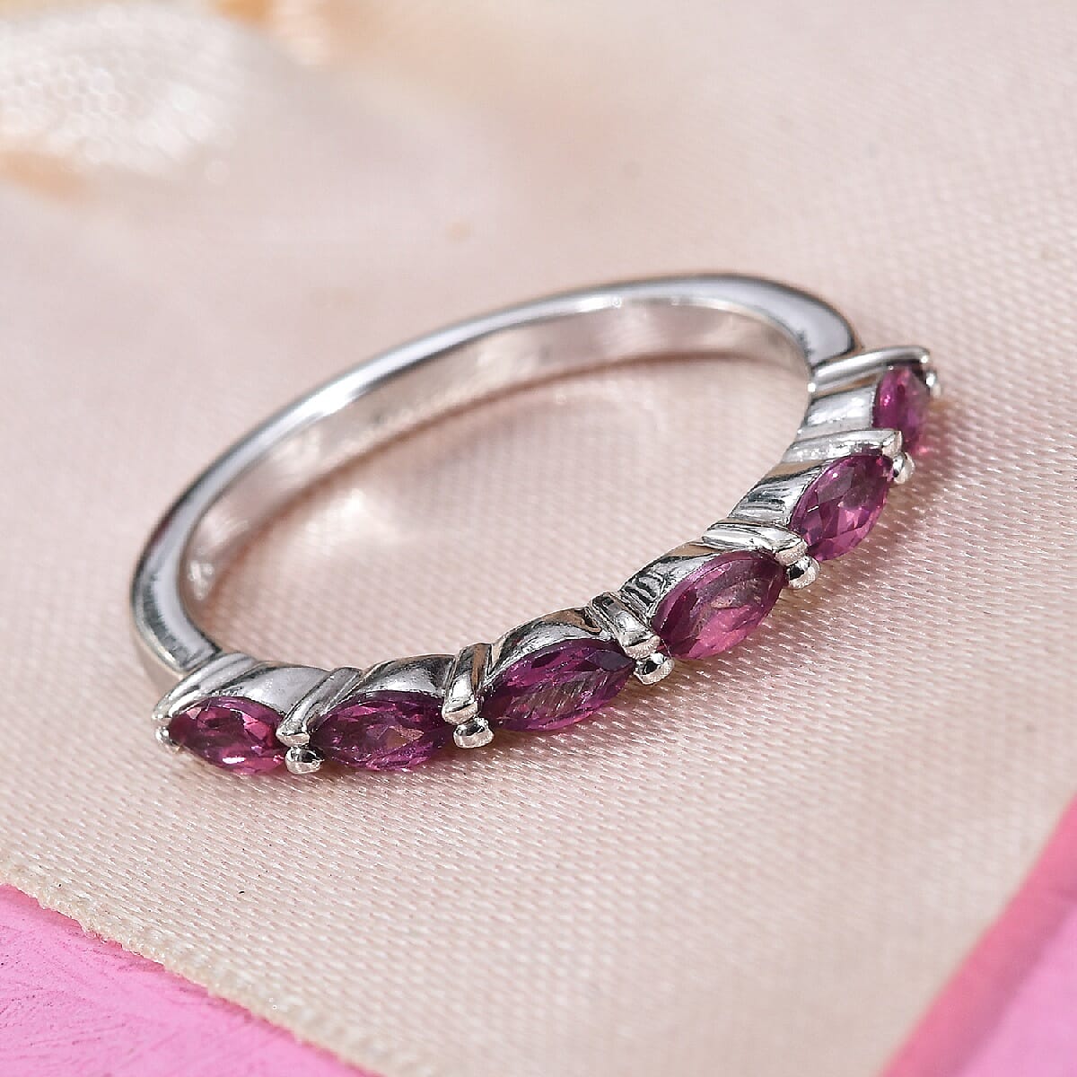 Rhodolite Garnet (Mrq) Six Stone Ring in Platinum Overlay Sterling Silver 0.60 Ct.