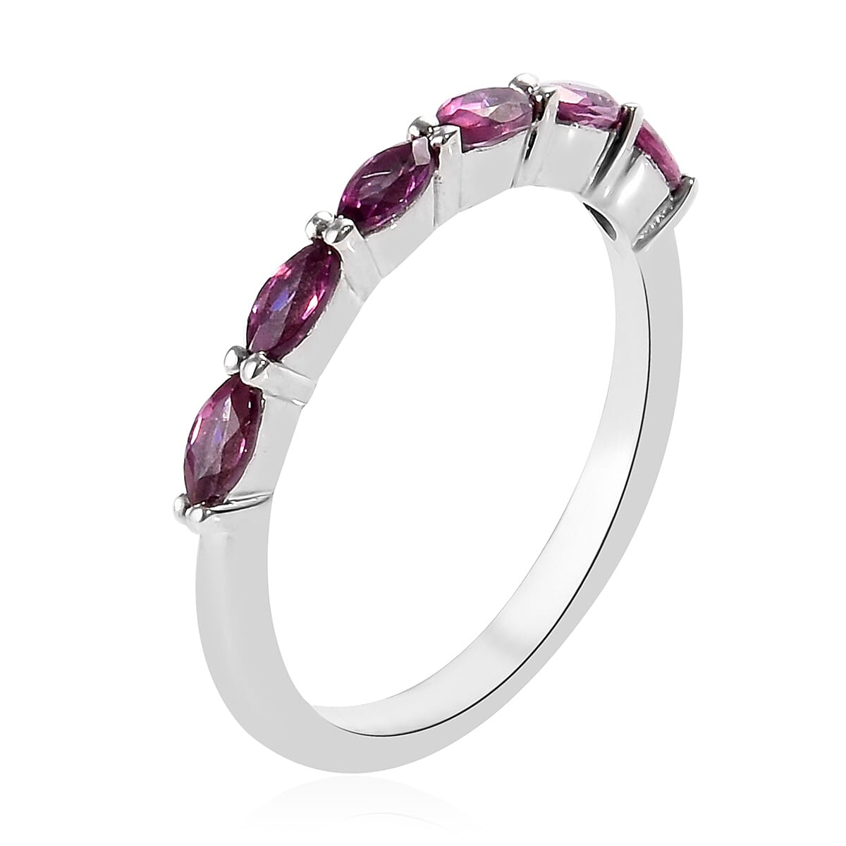 Rhodolite Garnet (Mrq) Six Stone Ring in Platinum Overlay Sterling Silver 0.60 Ct.