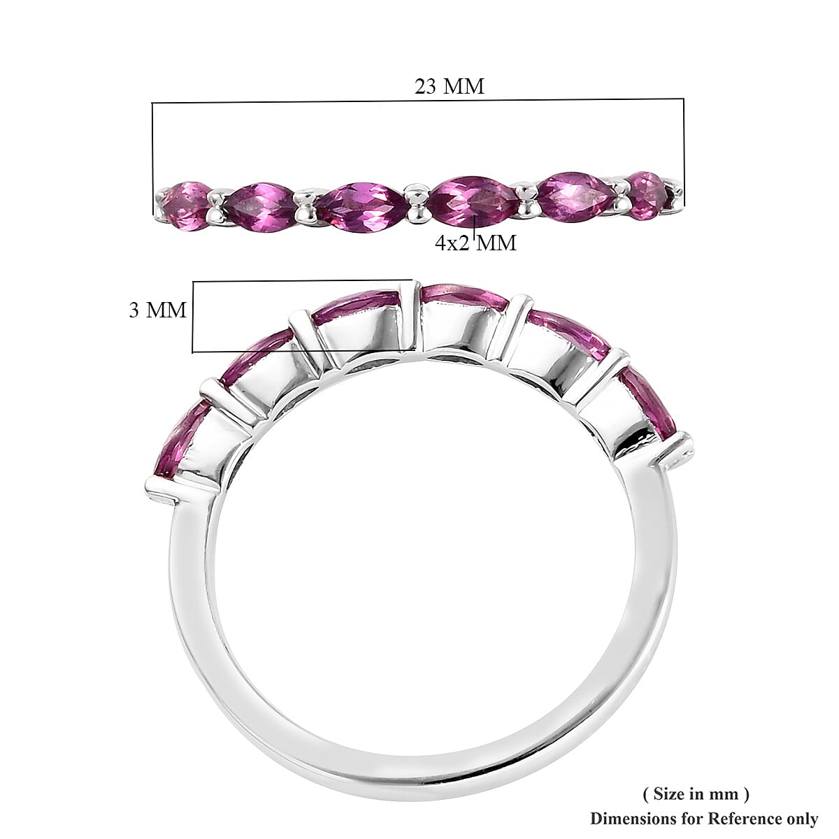 Rhodolite Garnet (Mrq) Six Stone Ring in Platinum Overlay Sterling Silver 0.60 Ct.