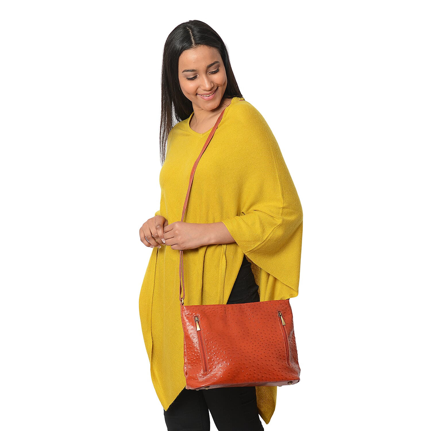 100% Genuine Leather Ostrich Embossed Crossbody Bag (Size 32x25.4x12 Cm) - Rustic Orange