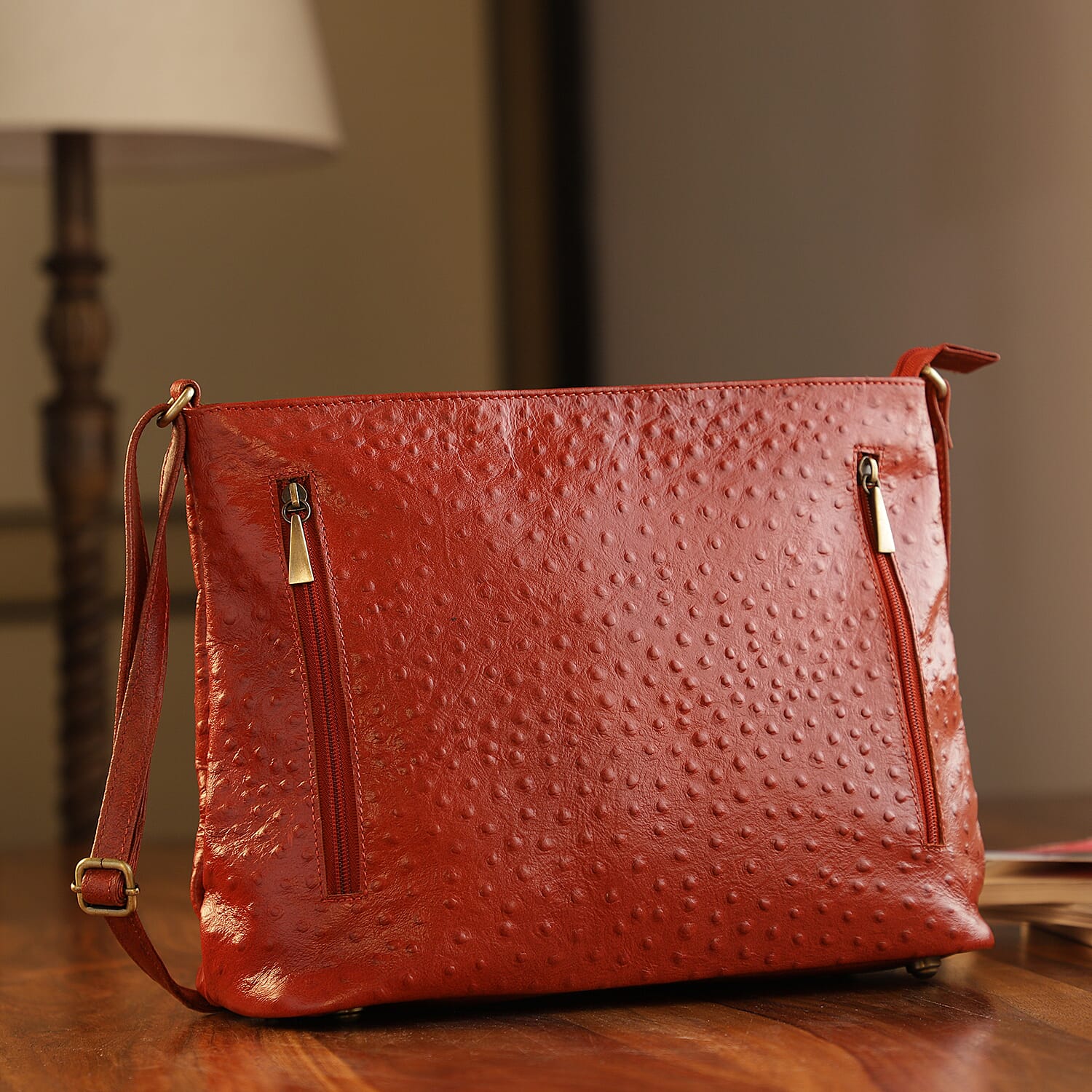 100% Genuine Leather Ostrich Embossed Crossbody Bag (Size 32x25.4x12 Cm) - Rustic Orange