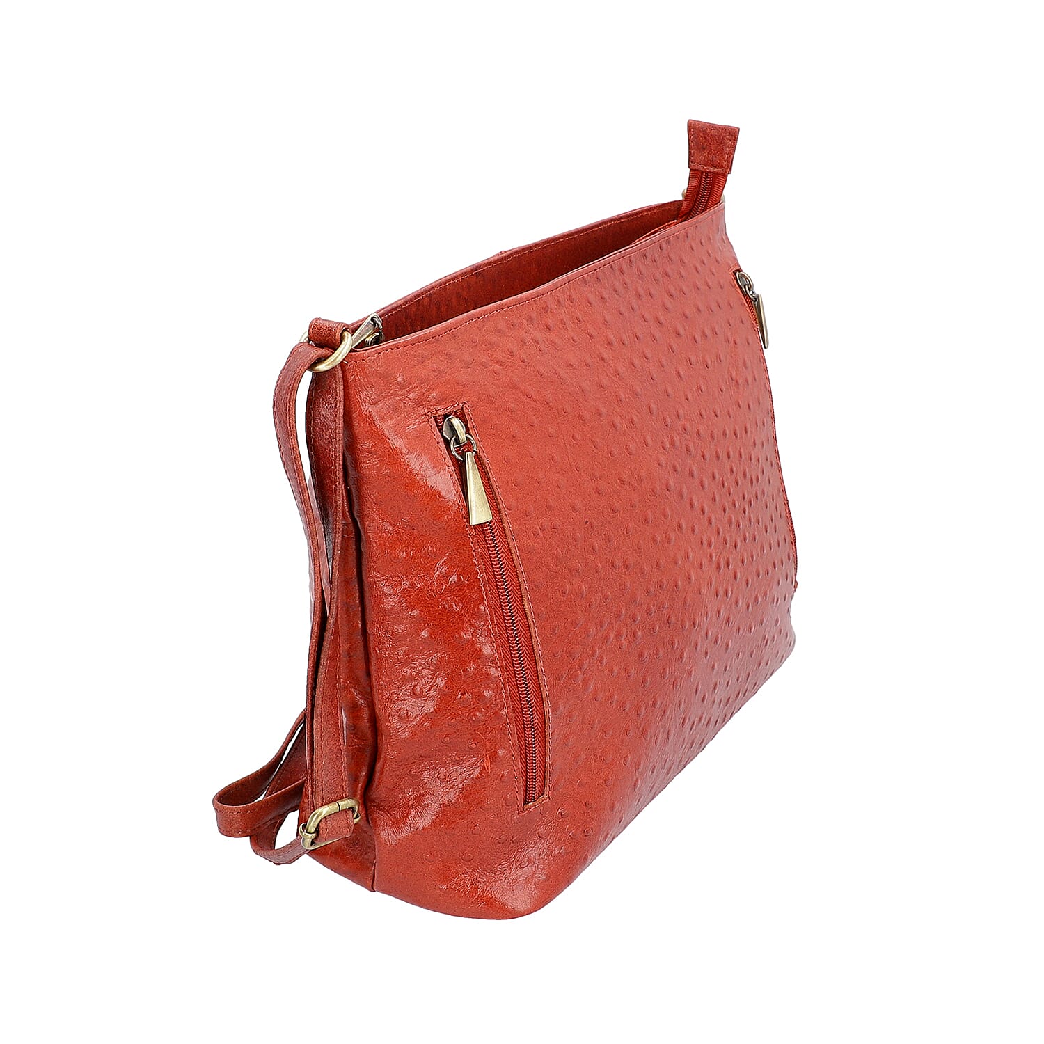 100% Genuine Leather Ostrich Embossed Crossbody Bag (Size 32x25.4x12 Cm) - Rustic Orange