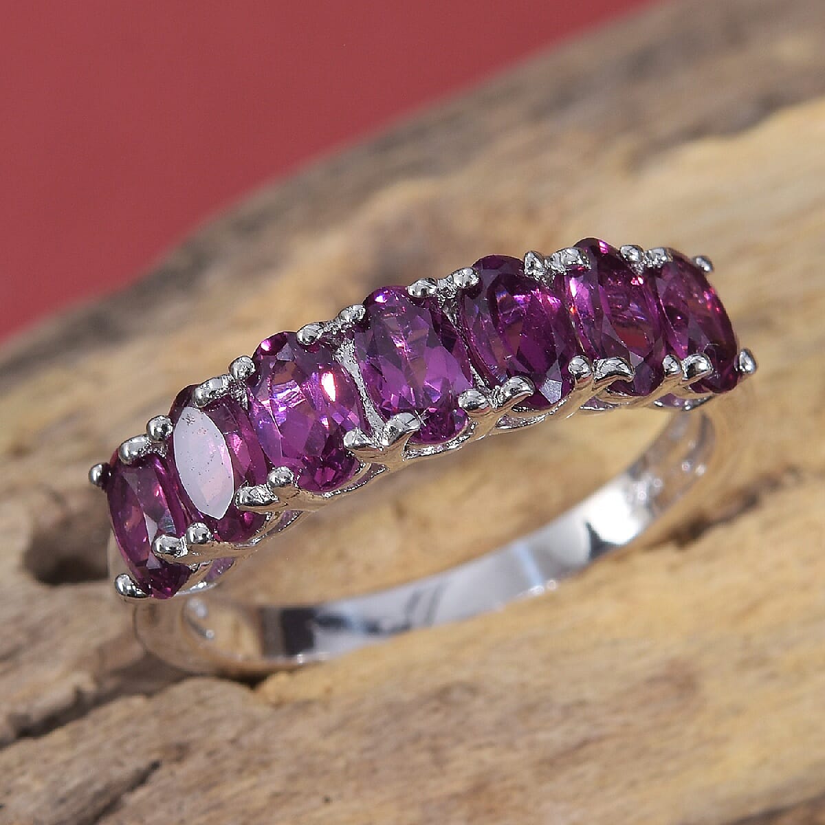 Rhodolite Garnet Seven Stone Ring in Platinum Overlay Sterling Silver 2.25 Ct.