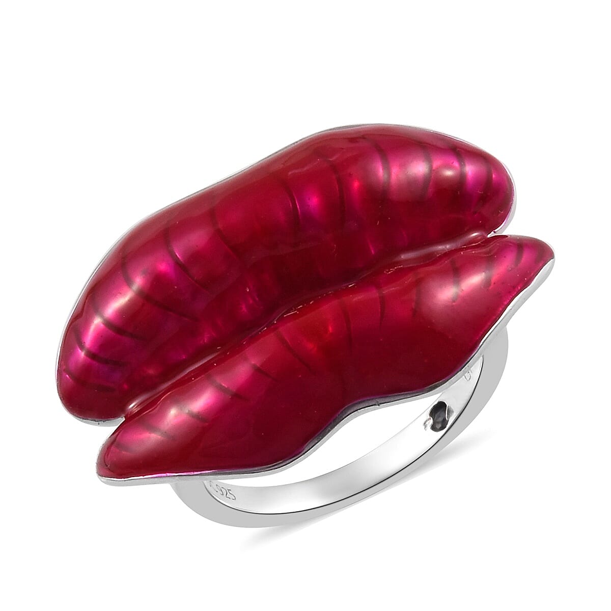 GP - Kiss Ring Red Enameling on Platinum Overlay Sterling Silver, Silver Wt. 6.55 Gms