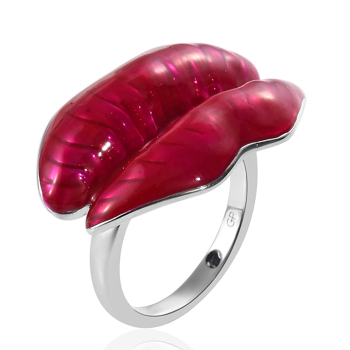 GP - Kiss Ring Red Enameling on Platinum Overlay Sterling Silver, Silver Wt. 6.55 Gms