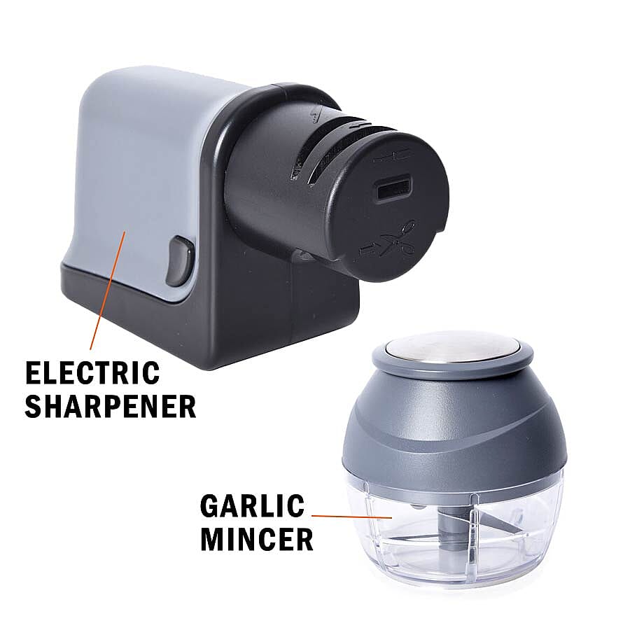 2 Piece Set - 3 in 1 Electric Sharpener for Knives, Scissors & Screwdrivers with Garlic Mincer (Size 8.6x8.8 cm) (2xAA Battery not Included) - Grey and Black
