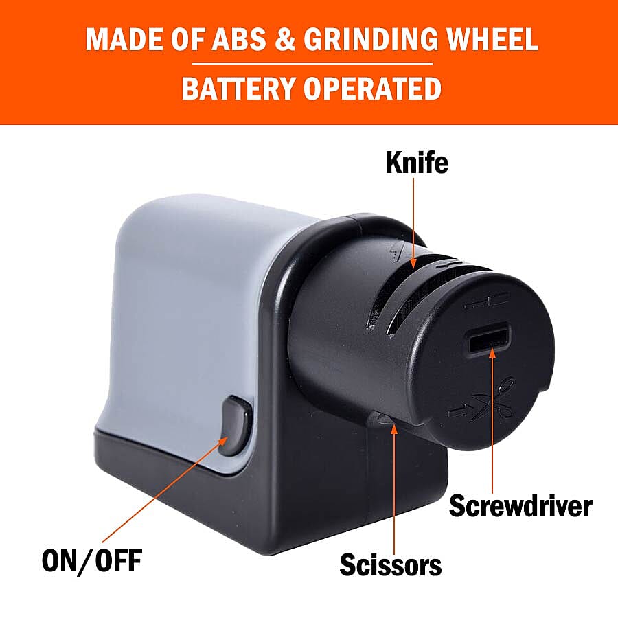 2 Piece Set - 3 in 1 Electric Sharpener for Knives, Scissors & Screwdrivers with Garlic Mincer (Size 8.6x8.8 cm) (2xAA Battery not Included) - Grey and Black