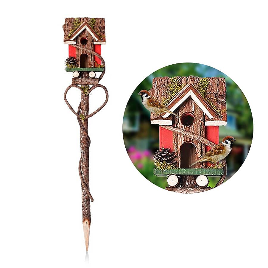 Handmade Wooden Bird House with Stand (Size 85x15x15 Cm) - Red