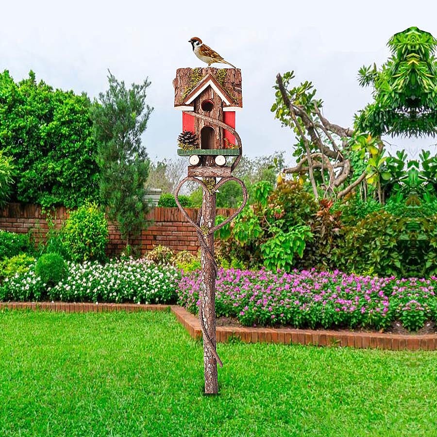 Handmade Wooden Bird House with Stand (Size 85x15x15 Cm) - Red