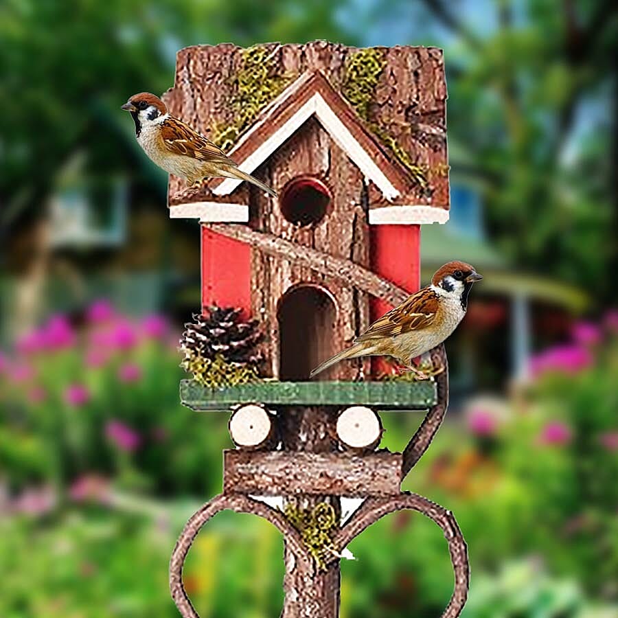 Handmade Wooden Bird House with Stand (Size 85x15x15 Cm) - Red