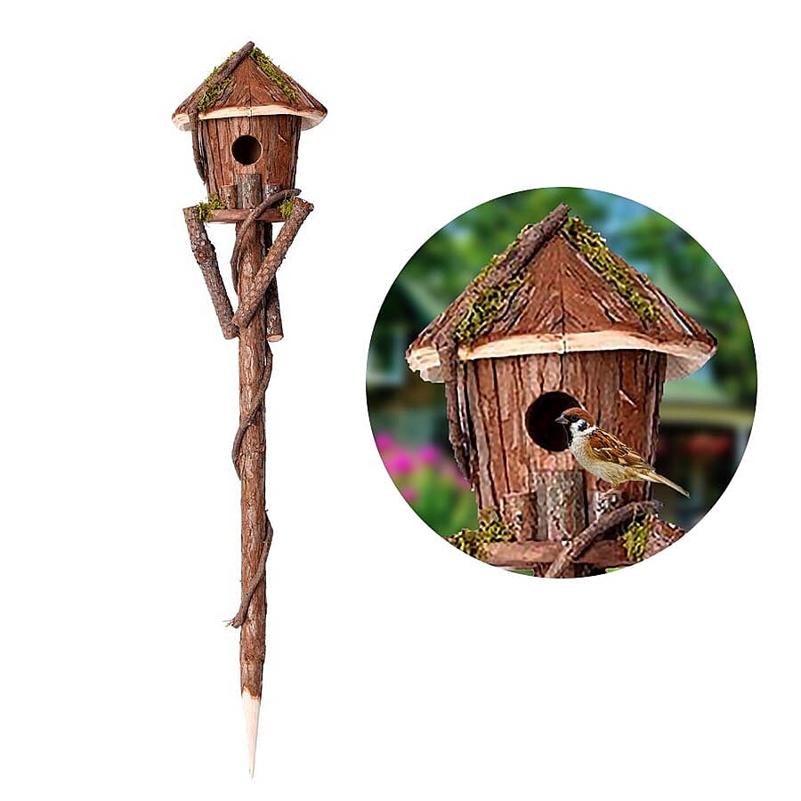 Handmade Wooden Bird House with Stand (Size 80x16x16 Cm) - Natural