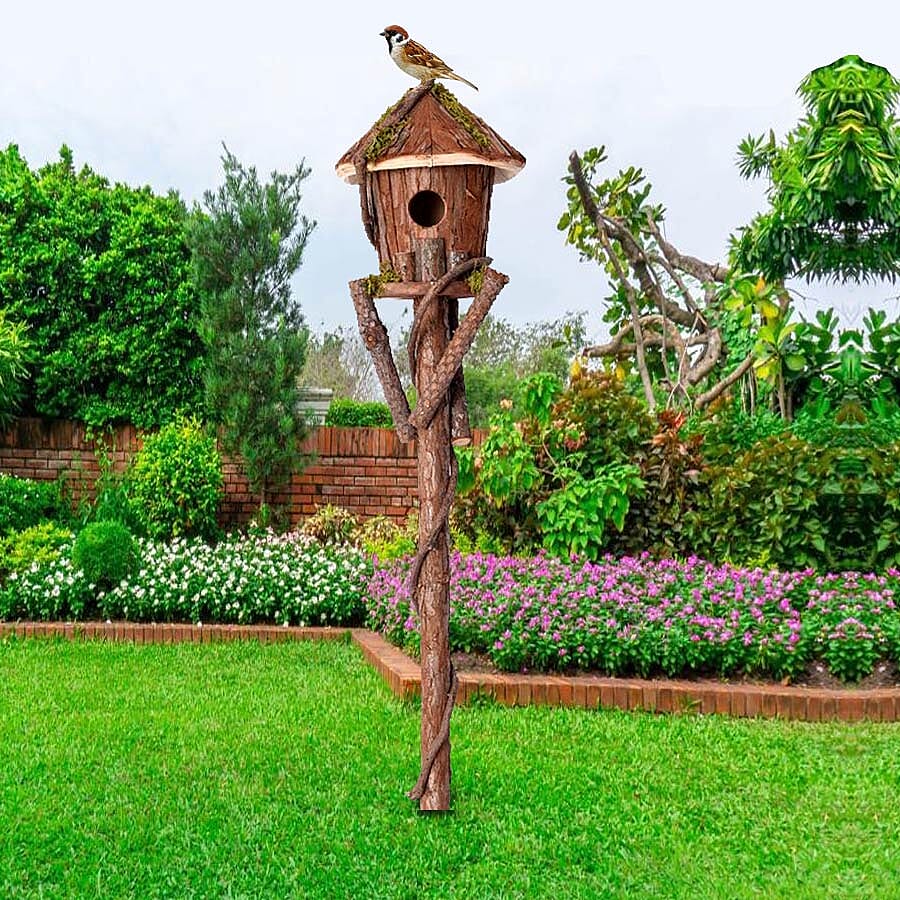 Handmade Wooden Bird House with Stand (Size 80x16x16 Cm) - Natural
