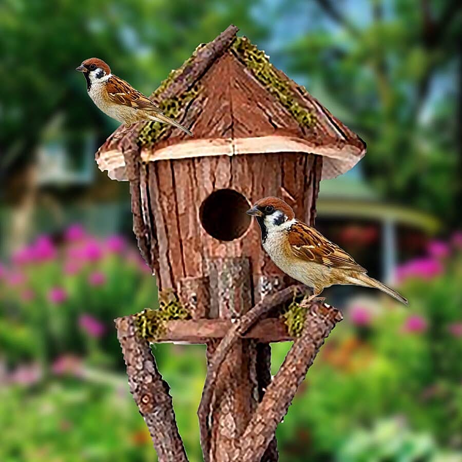 Handmade Wooden Bird House with Stand (Size 80x16x16 Cm) - Natural