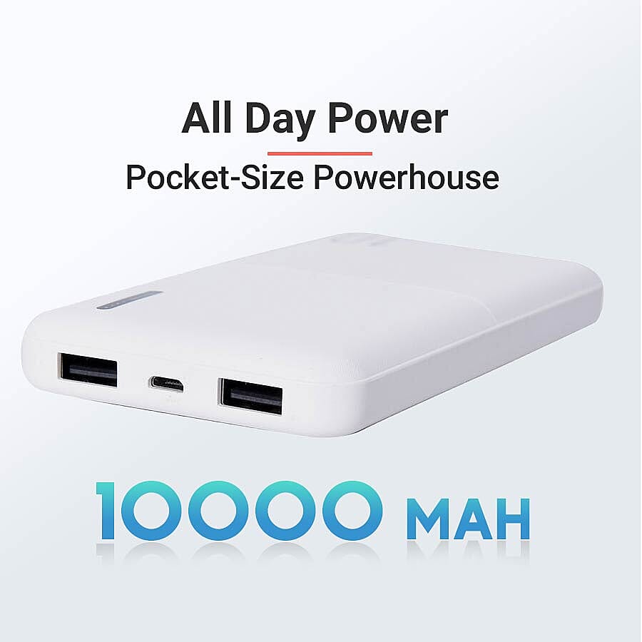 10000mAh Portable and Super Slim Power Bank with Dual USB Output - White