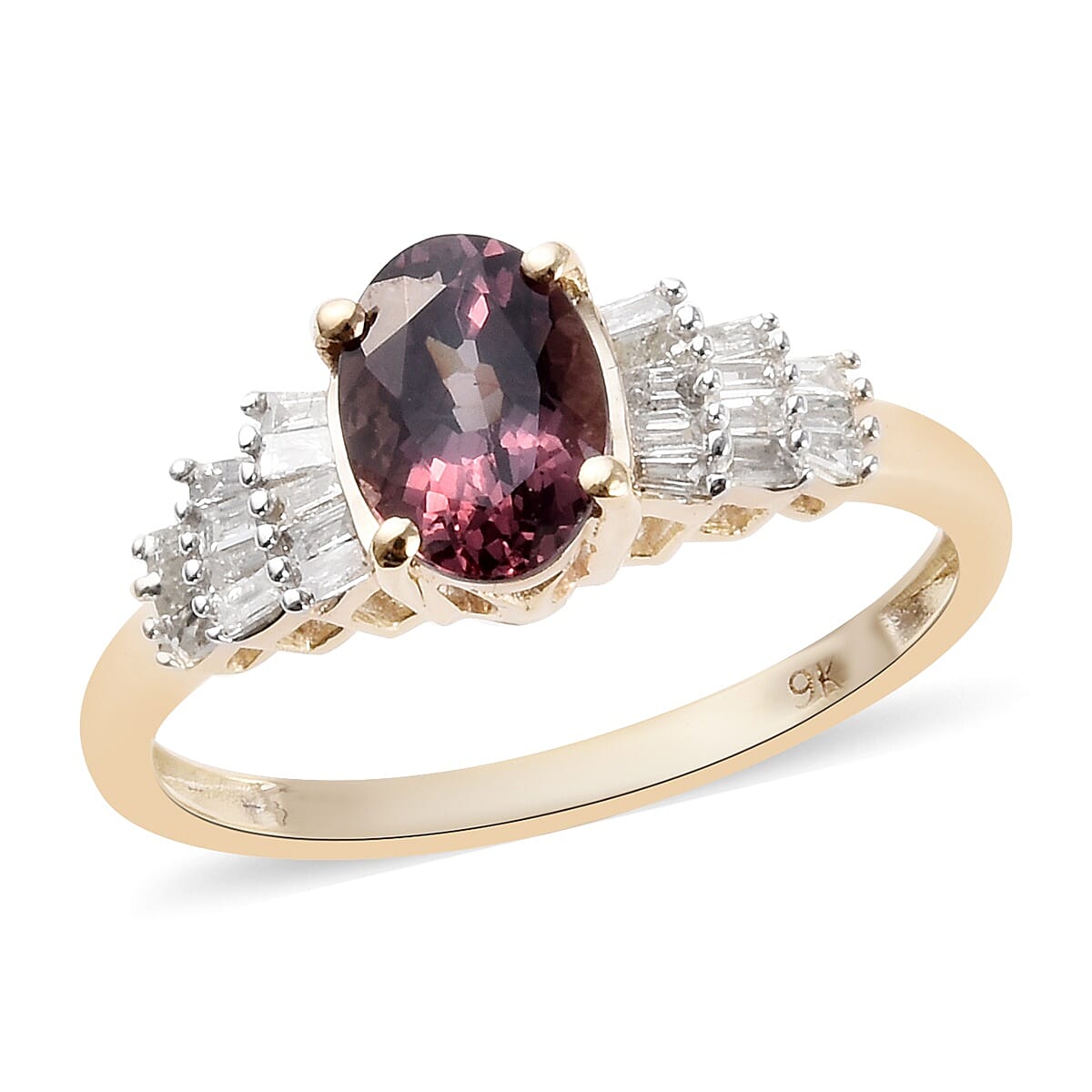 9K Yellow Gold Colour Change Garnet (Ovl 7x5 mm) and Diamond (I3-G-H) Ballerina Ring 1.00 Ct.
