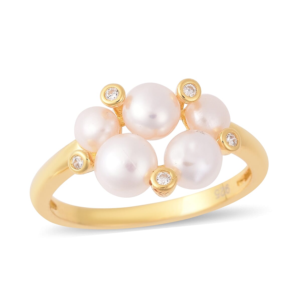 Freshwater White Pearl (Rnd), Simulated Diamond Ring in Yellow Gold Overlay Sterling Silver
