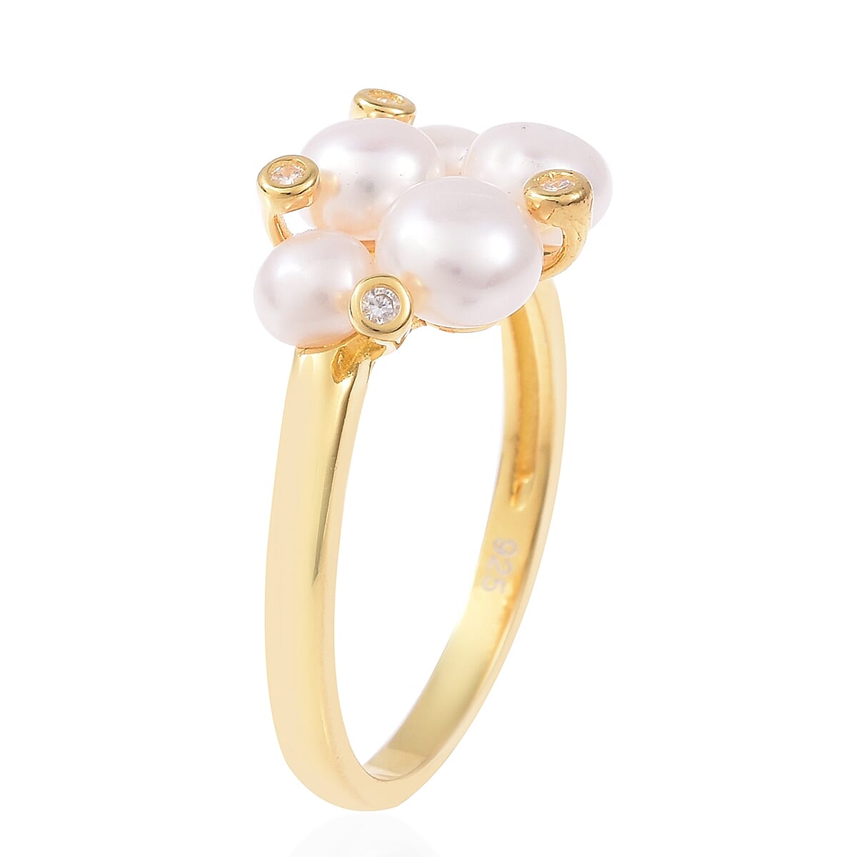 Freshwater White Pearl (Rnd), Simulated Diamond Ring in Yellow Gold Overlay Sterling Silver