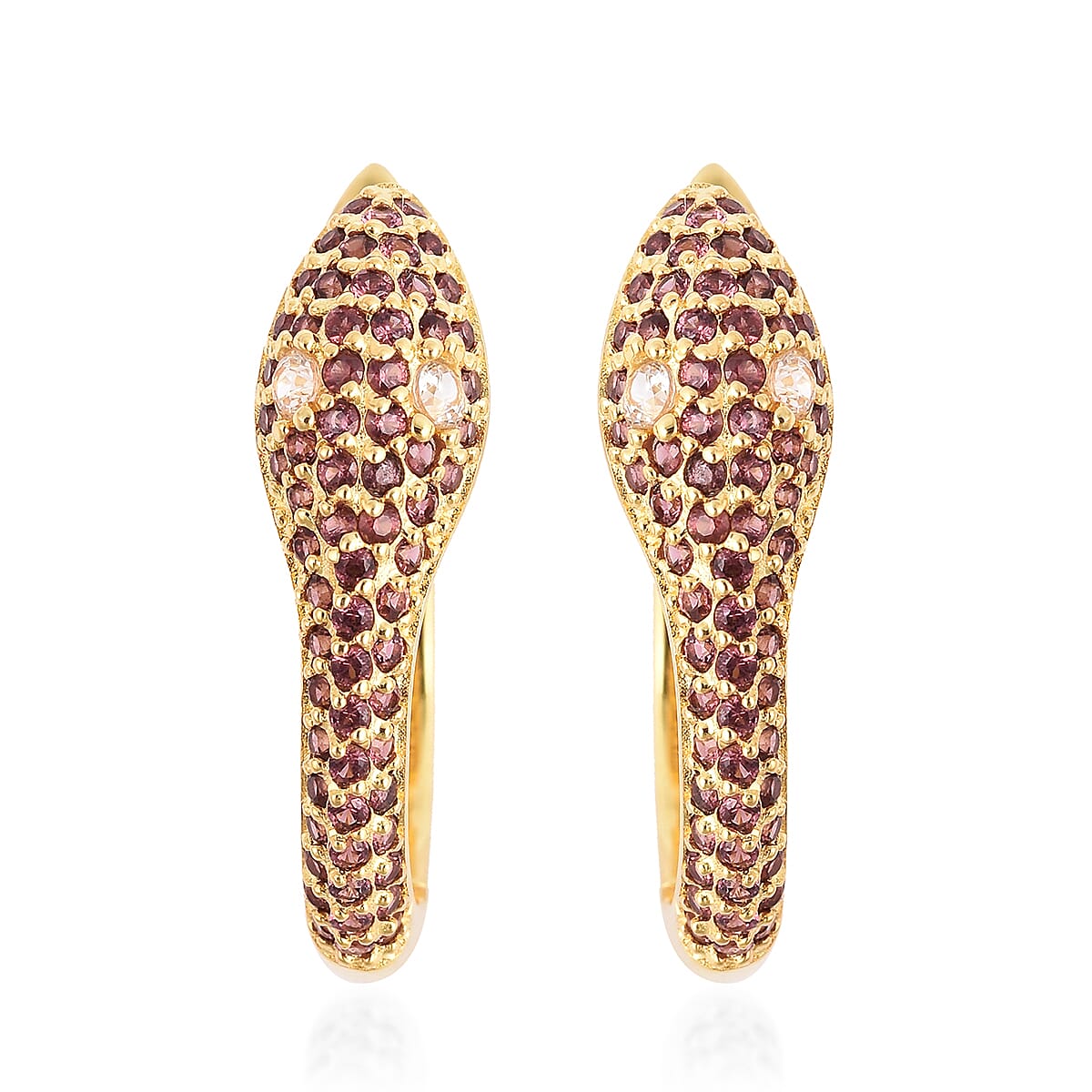 Rhodolite Garnet (Rnd), Natural White Cambodian Zircon Snake Earrings (with Clasp) in Yellow Gold Overlay Sterling Silver 1.26 Ct, Silver wt 6.30 Gms