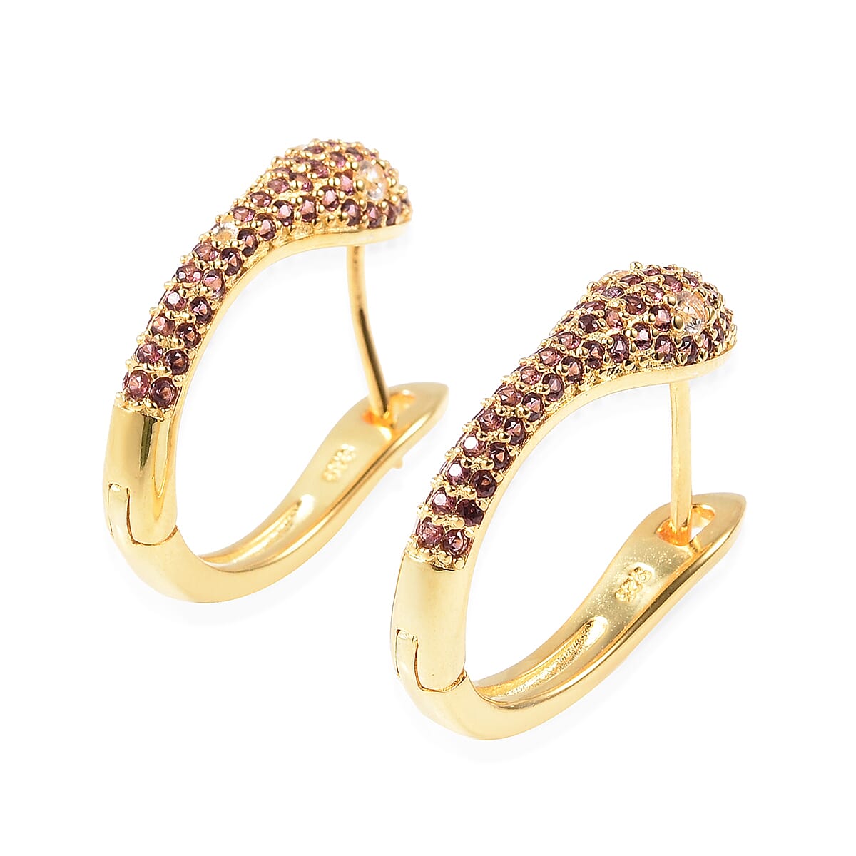 Rhodolite Garnet (Rnd), Natural White Cambodian Zircon Snake Earrings (with Clasp) in Yellow Gold Overlay Sterling Silver 1.26 Ct, Silver wt 6.30 Gms