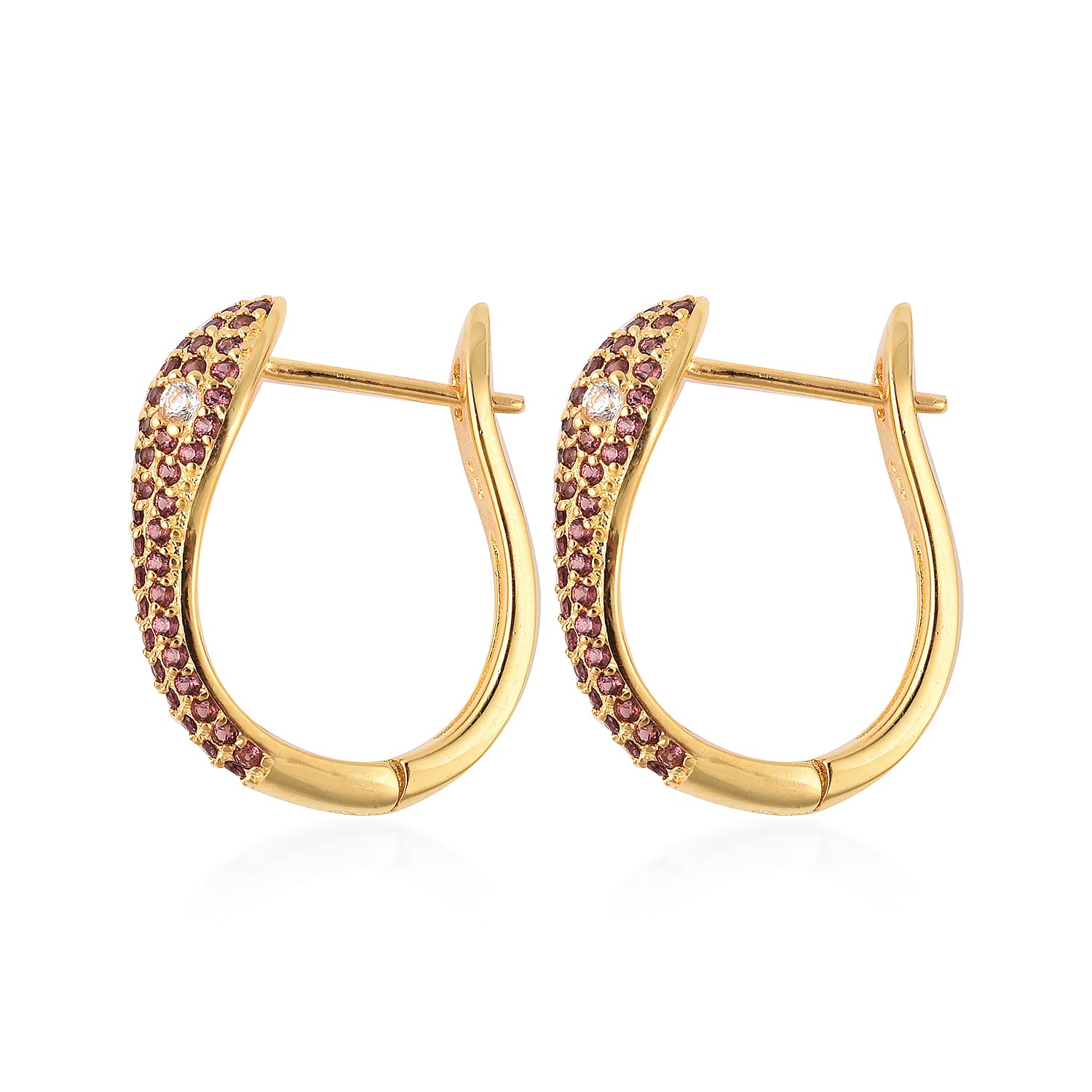 Rhodolite Garnet (Rnd), Natural White Cambodian Zircon Snake Earrings (with Clasp) in Yellow Gold Overlay Sterling Silver 1.26 Ct, Silver wt 6.30 Gms