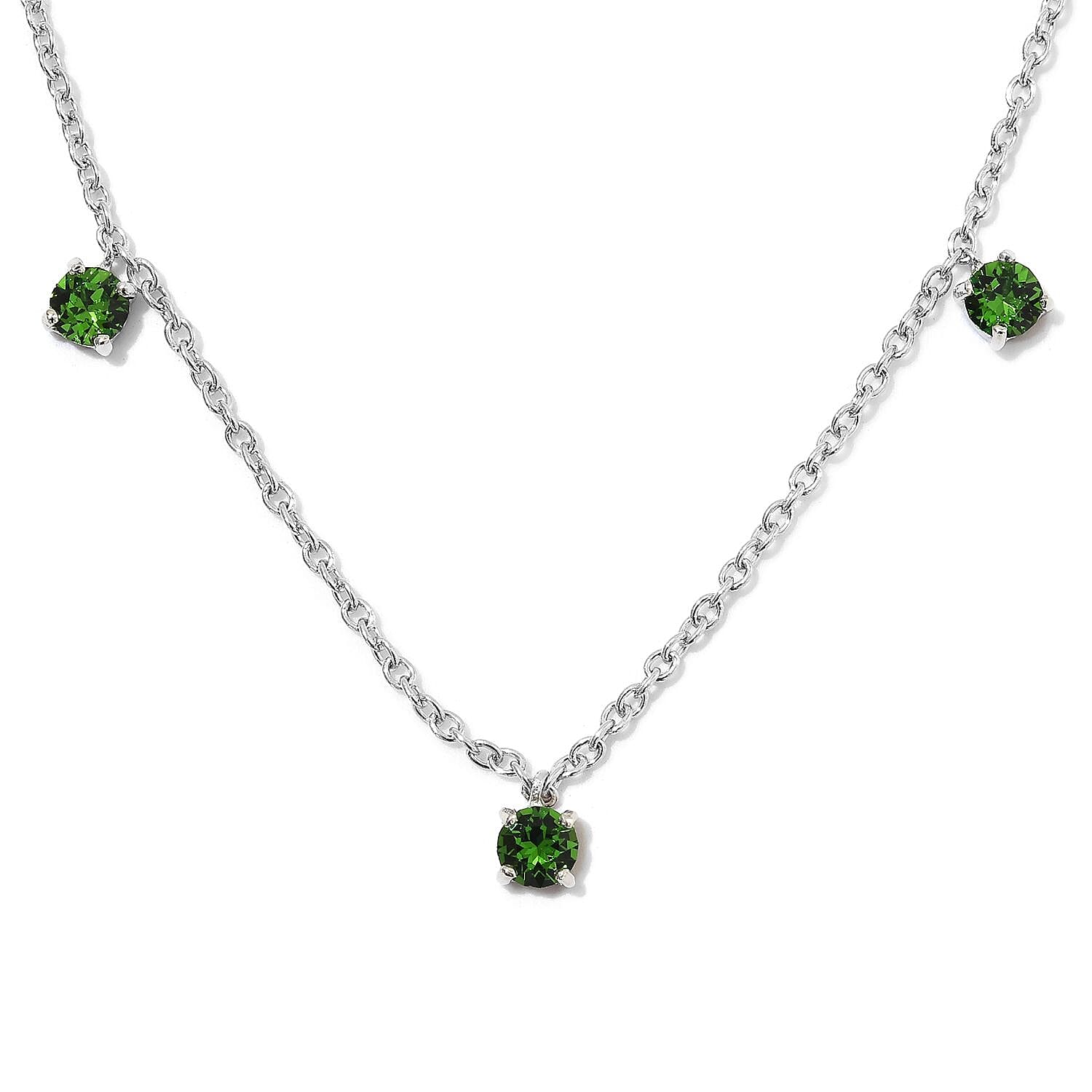 J Francis -  Fern Green Crystal (Rnd) Charm Station Necklace (Size 20) in Platinum Plated