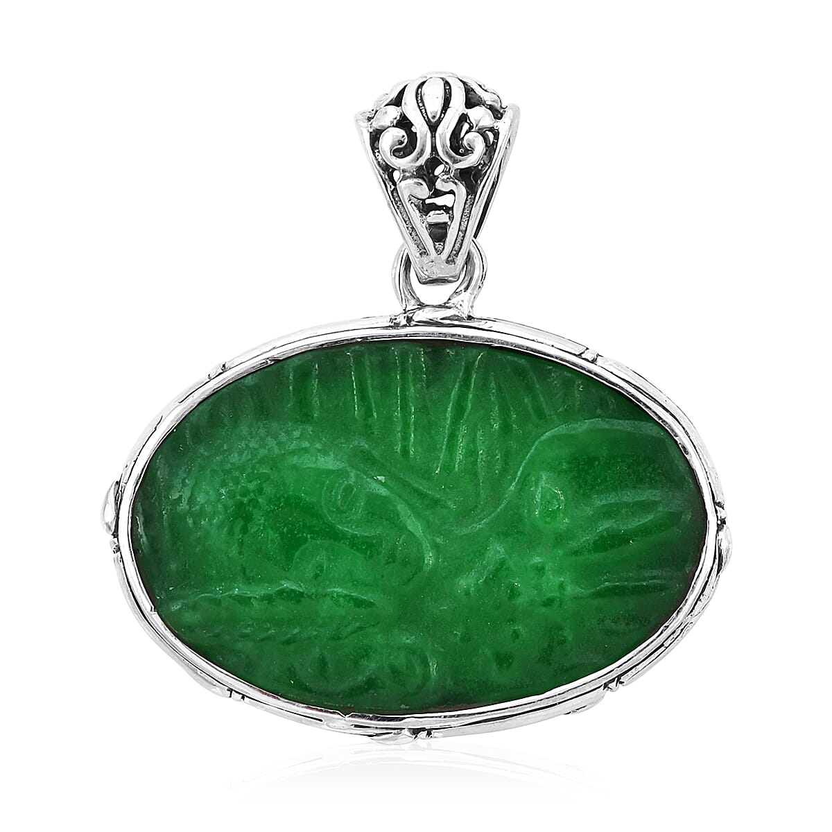 Royal Bali Collection- Carved Green Jade Reversible Buddha Pendant in Sterling Silver 18.03 Ct, Silver wt 6.66 Gms