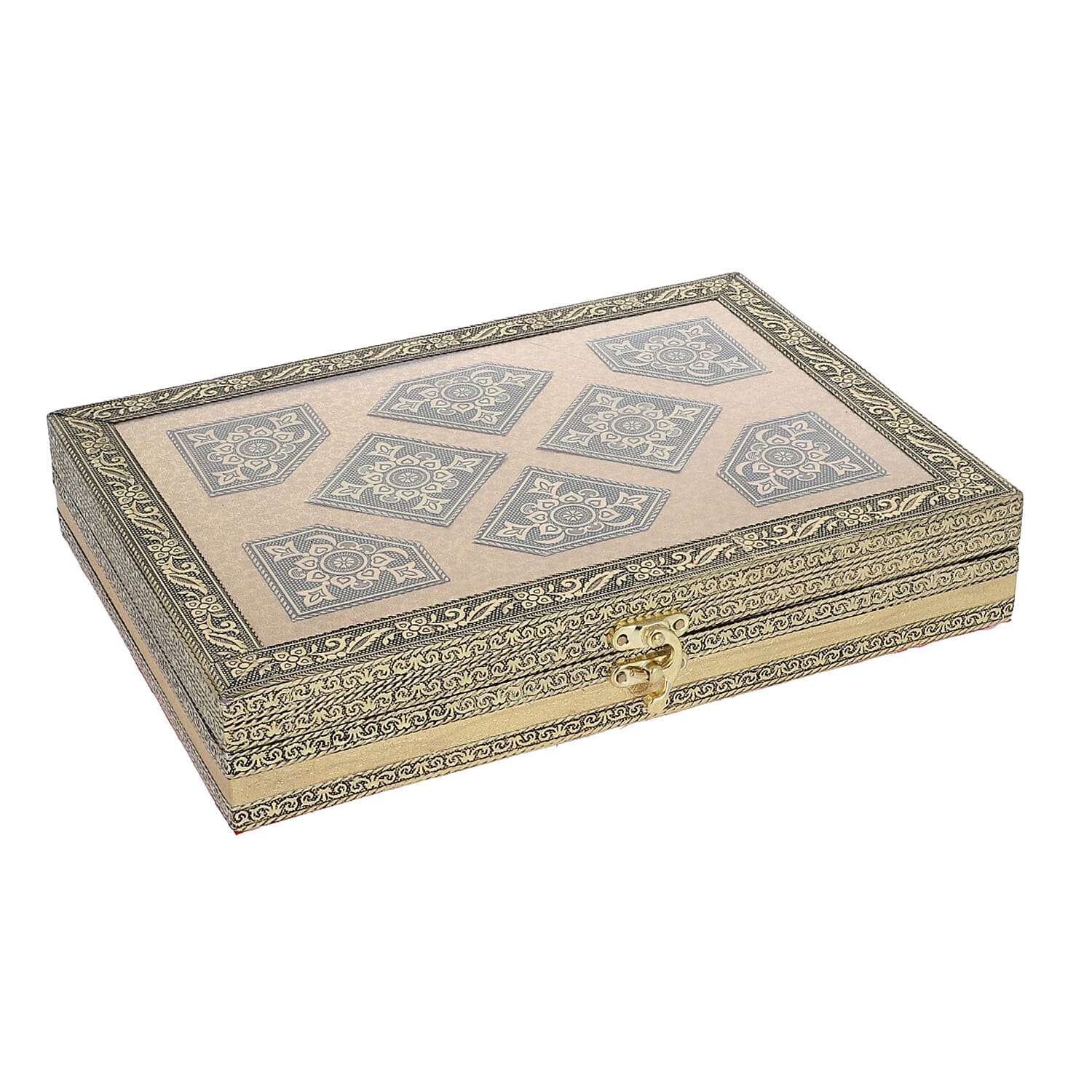 Golden Handcrafted Golden Embossed Aluminum Jewellery Box with Transparent Window (27.94x20.32x5.08 Cm)